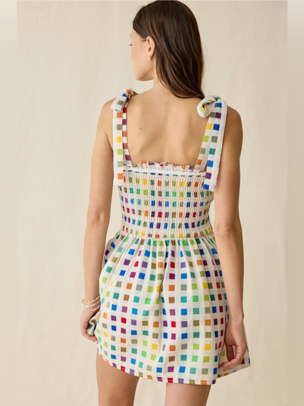 Maude Club Estella Tie-Strap Smocked Mini Dress in  Rainbow Grid Size S NWT